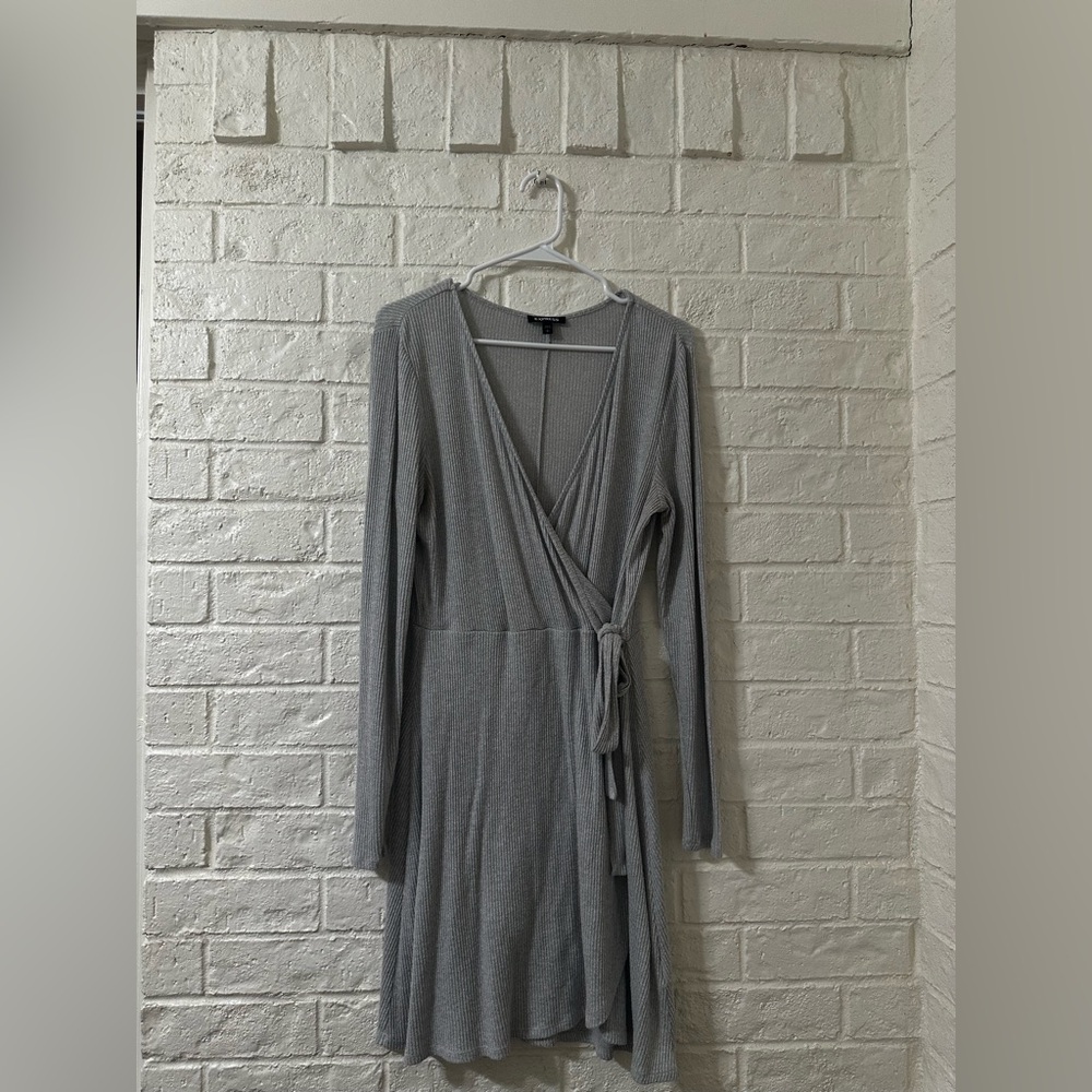 Express Gray Long Sleeve Wrap Dress